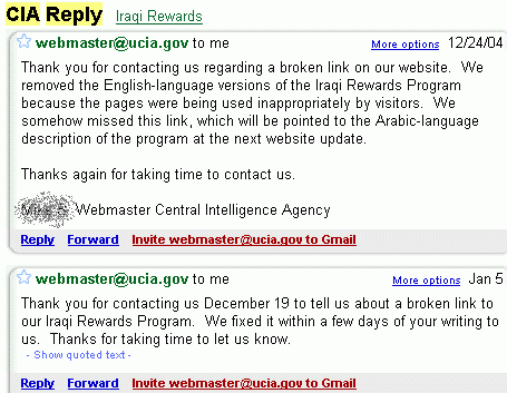 Screenshot of the email from CIA webmaster